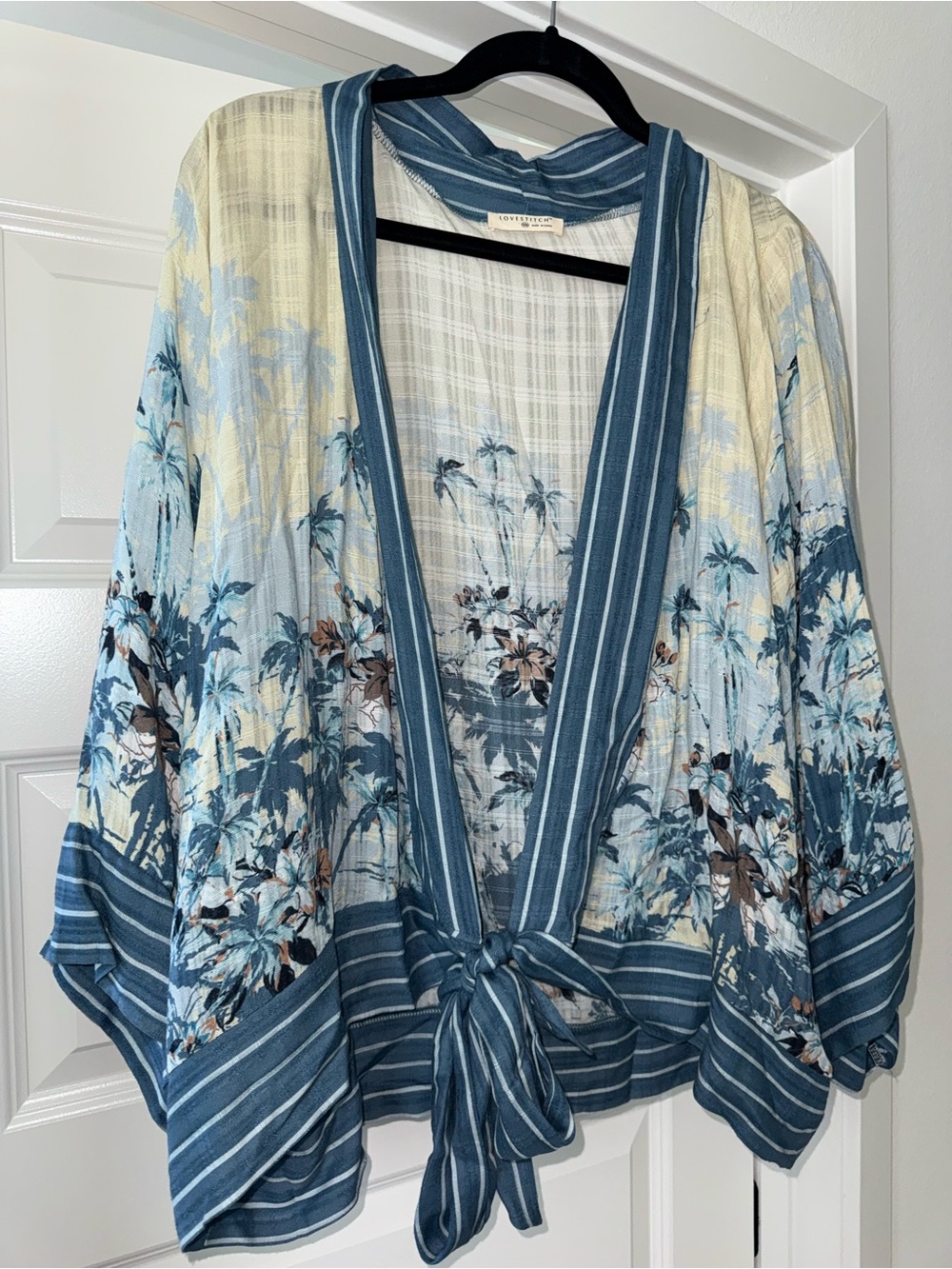 Lovestitch Blue Floral Palm Tree Tie Front Kimono Top Blouse Small Medium S M